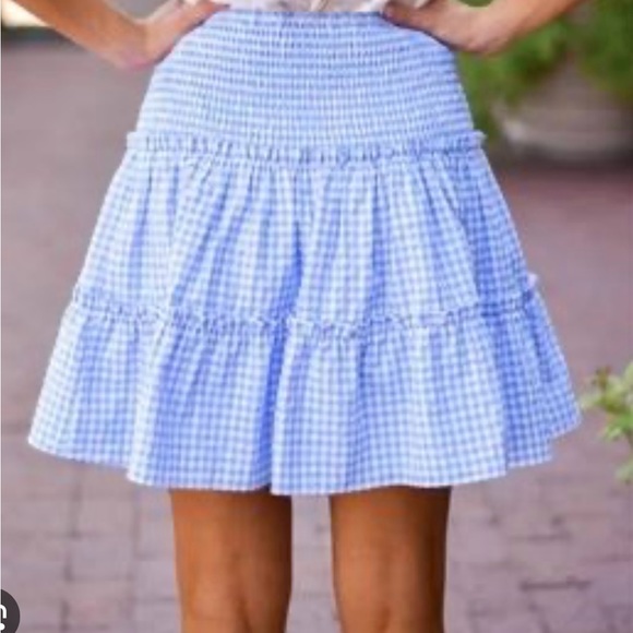 J.‎ Marie Linen tiered smocked blue white checkered Mini Skirt S - Picture 2 of 4